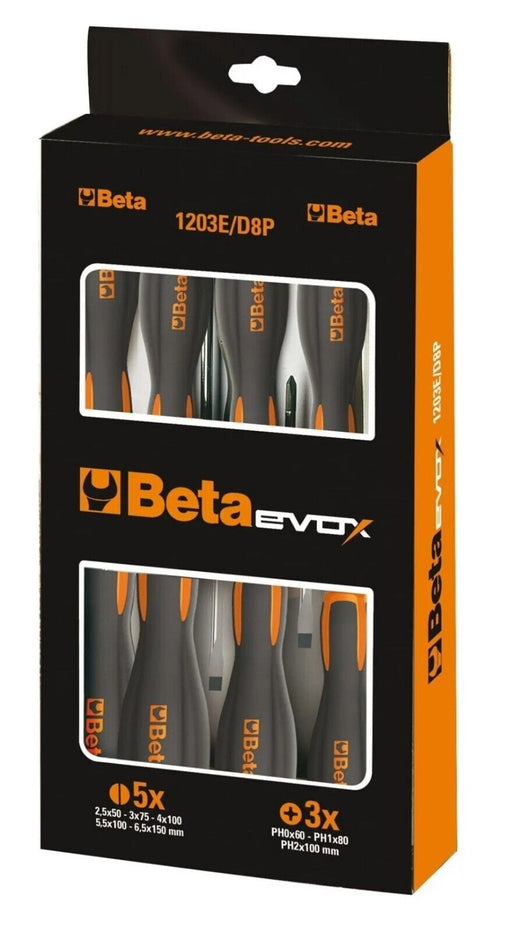 Set 8 giravite Beta Evox 1203E-D8P per viti lama piatta e Phillips Guanti Omaggi