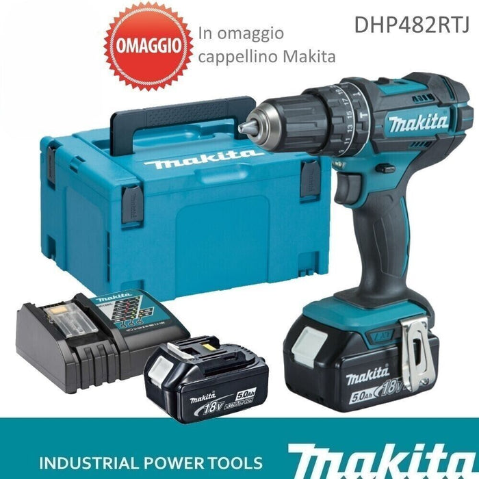 MAKITA DHP482 RTJ TRAPANO AVVITATORE CON PERCUSSIONE 2 BATTERIE LITIO 18V 5Ah